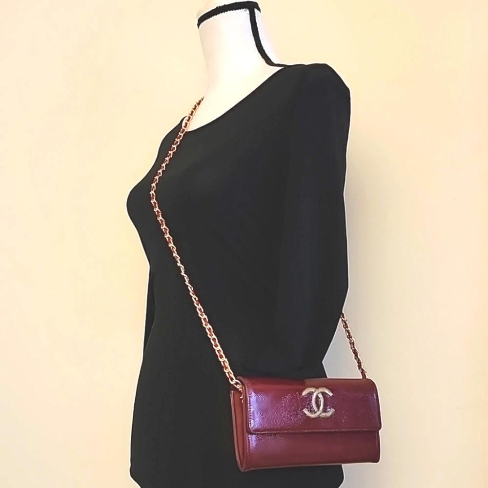 Chanel Continental CC Flap Wallet Purse Glazed Calfskin Entrupy COA Burgundy - Picture 3 of 16